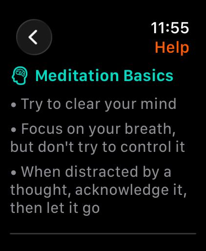Help screen with meditation basics