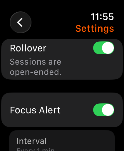Settings for focus alert rhythm, feel and rollover