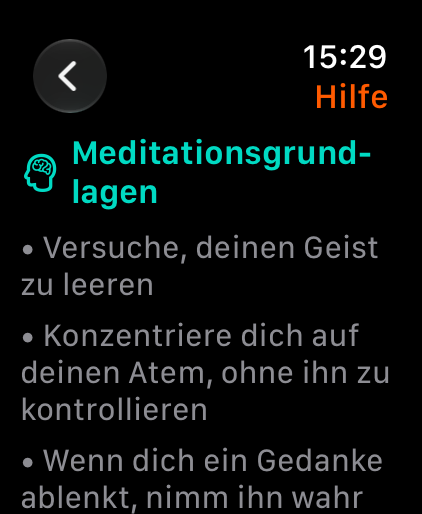 Hilfebildschirm mit Meditations-Grundlagen