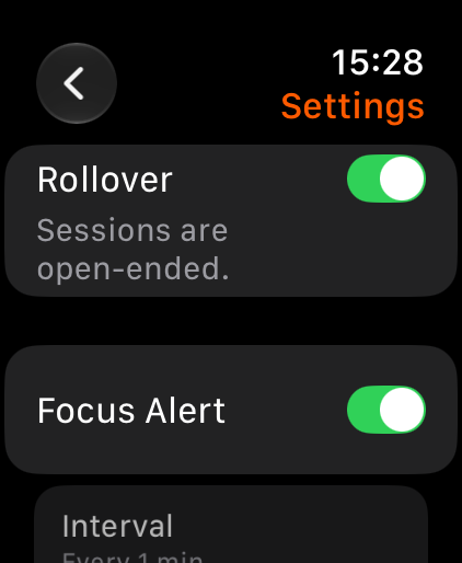 Settings for focus alert rhythm, feel and rollover