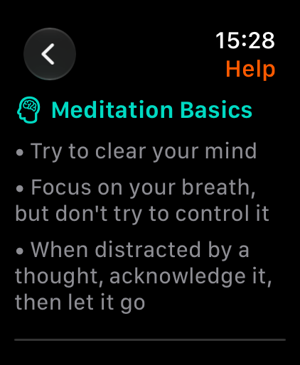 Help screen with meditation basics