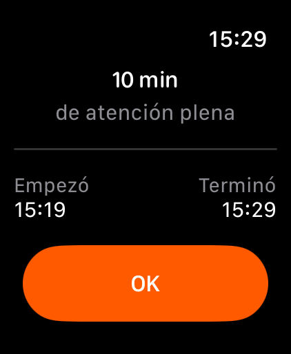 Resumen de la sesión con hora de inicio y de fin