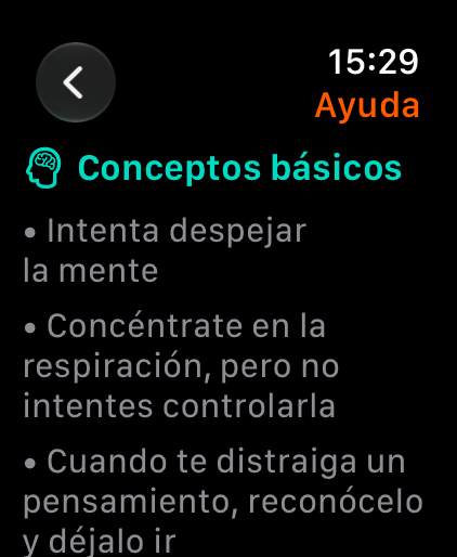 Pantalla de ayuda con nociones básicas de meditación
