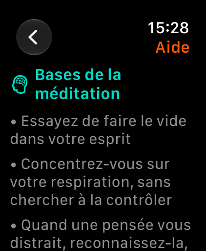Écran d'aide avec les bases de la méditation