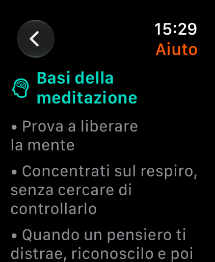 Schermata di aiuto con le basi della meditazione